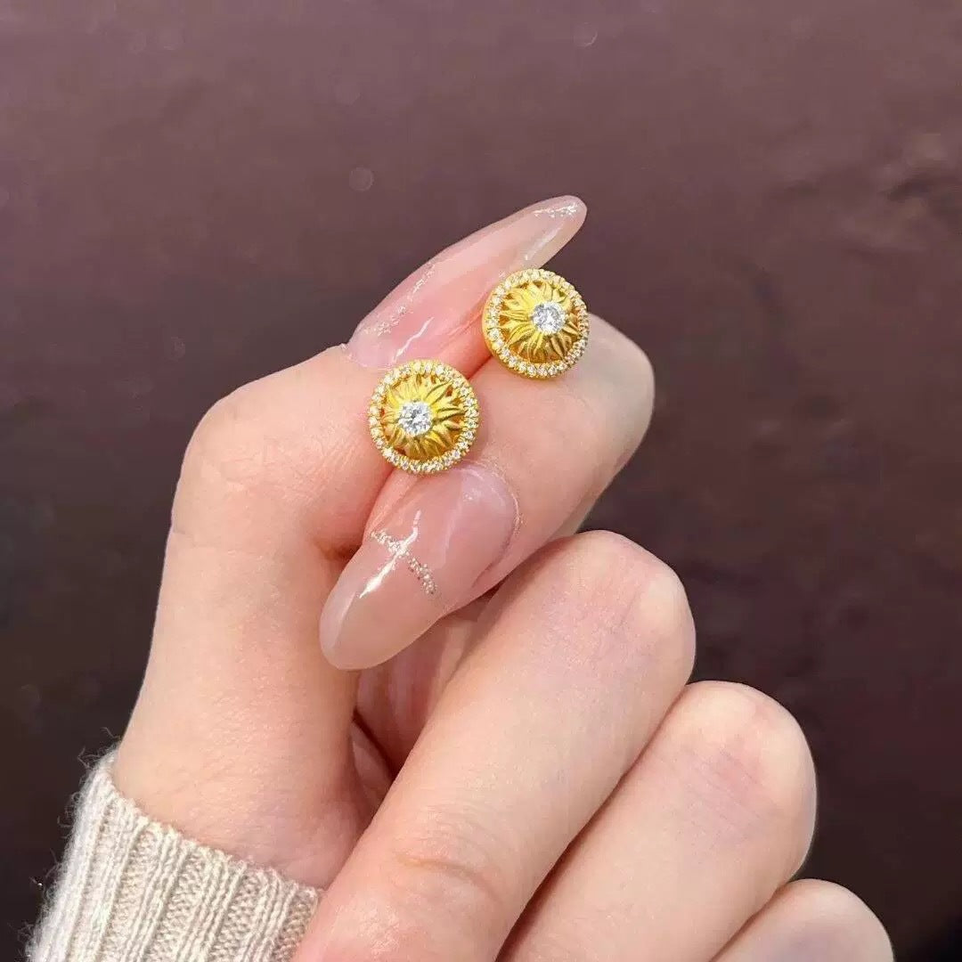 Diamond-Studded Sunflower Stud Earrings