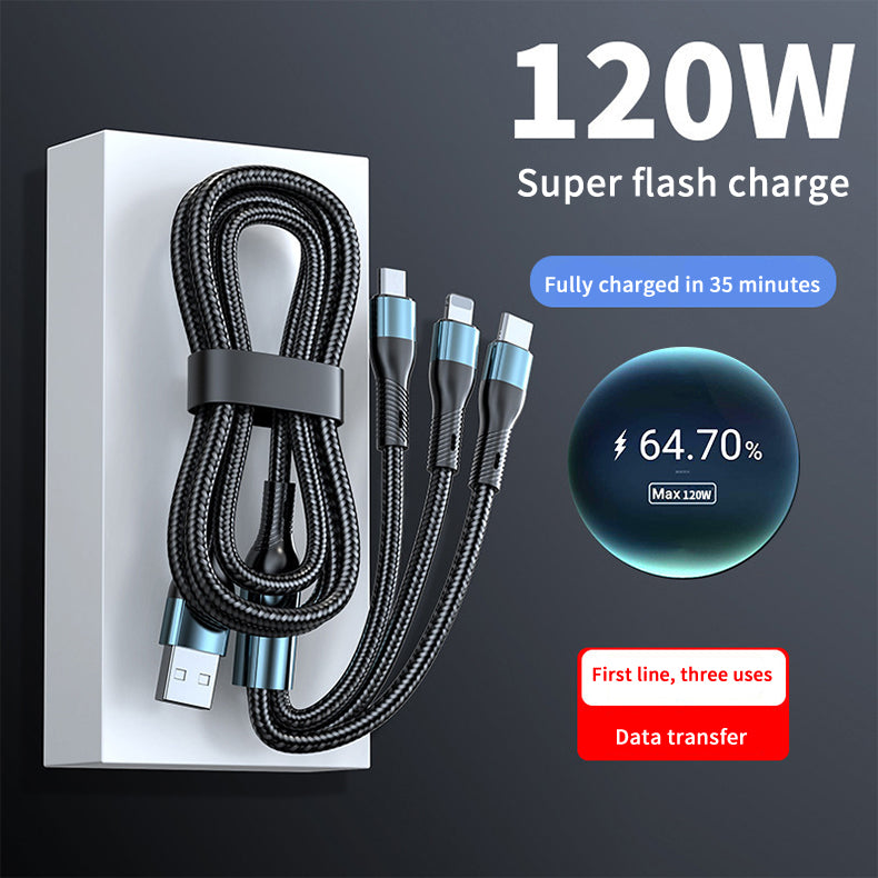 120W Super Fast Charging Tri-Head Braided Data Cable