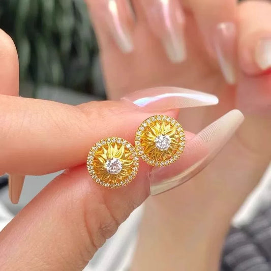 Diamond-Studded Sunflower Stud Earrings