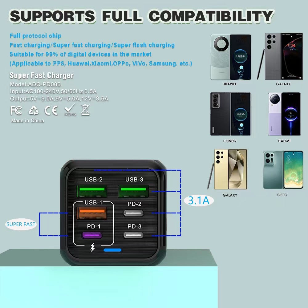 150W Multi-port Charger With 3 USB + 3 PD Ports