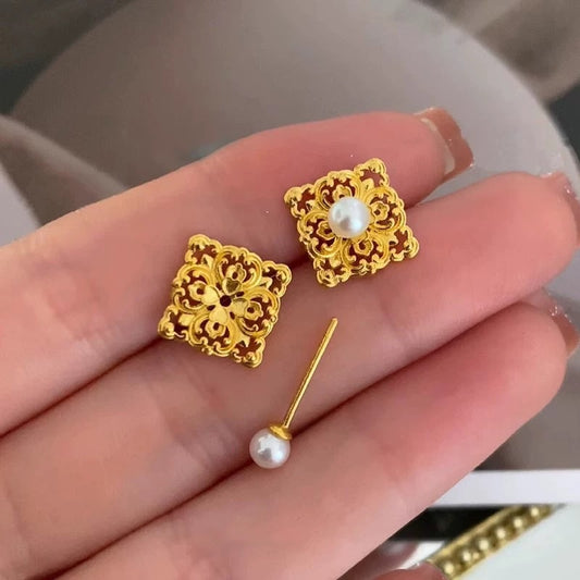 Hollowed-Out Dquare Imitation Pearl Stud Earrings