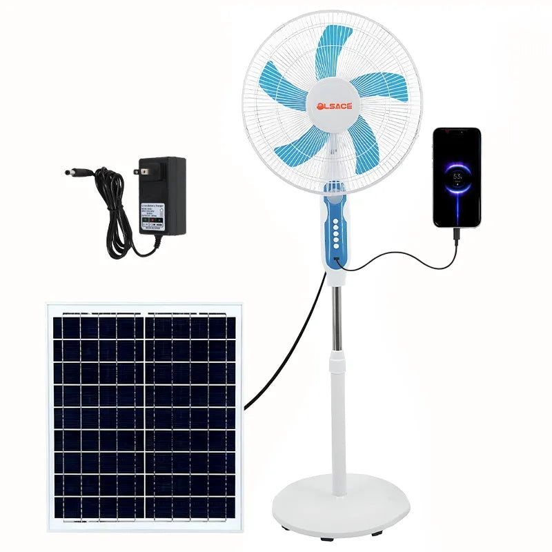 Un ventilo sur pied rechargeable, avec panneau solaire, prise USB et lampe LED… (unité)
