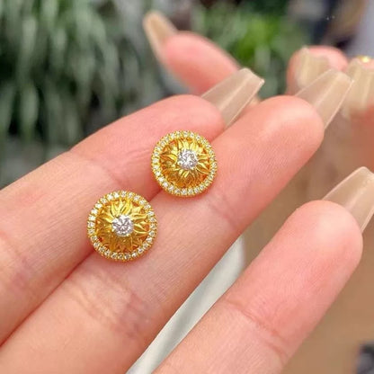Diamond-Studded Sunflower Stud Earrings