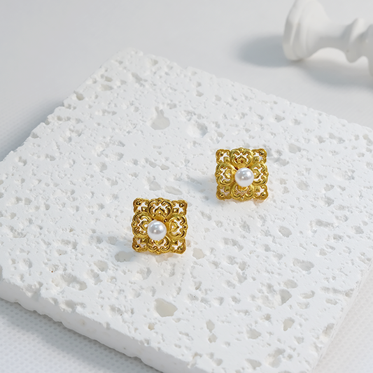 Hollowed-Out Dquare Imitation Pearl Stud Earrings