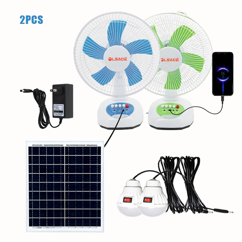 FT30-138 Solar Fan With Lamp（2PCS）,2 Ventilateurs solaires rechargeables avec lampes LED